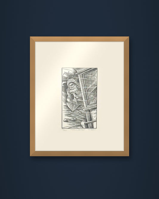 The Trawlerman: hand-pressed, hand-signed limited edition print of Nathan Yoder's hand-drawn illustration for Bosie Knitwear's Blue Mogganer collection, shown in an oak frame on a navy wall (frame not included)