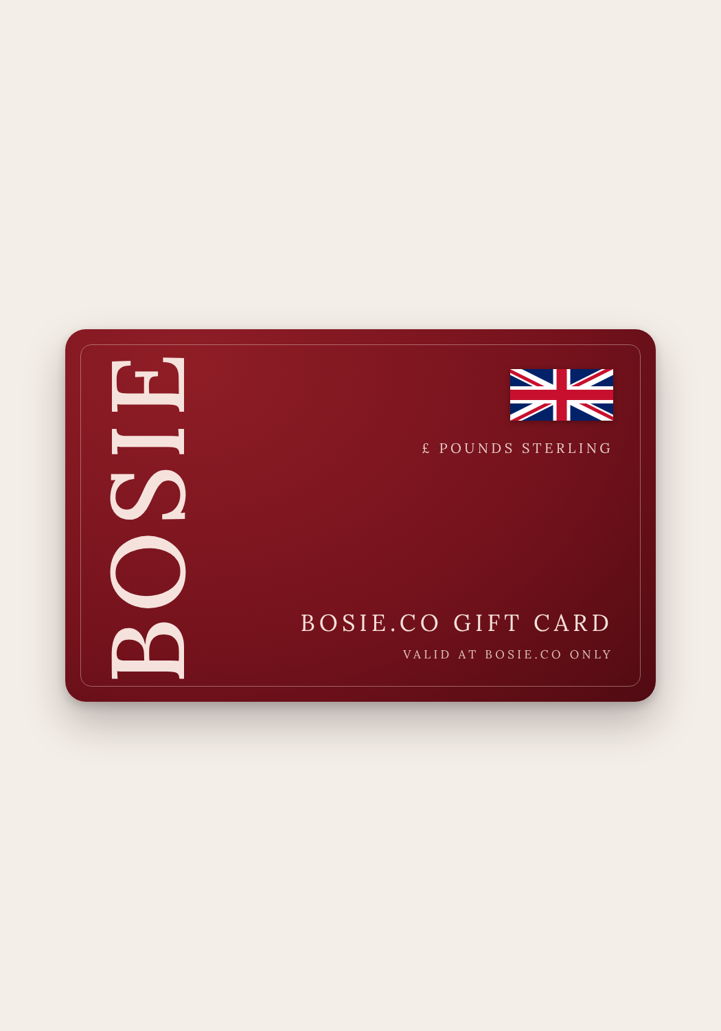 Bosie UK digital gift card in rich red with a Union Jack, held in pounds sterling (£), valid at bosie.co only – Bosie Knitwear