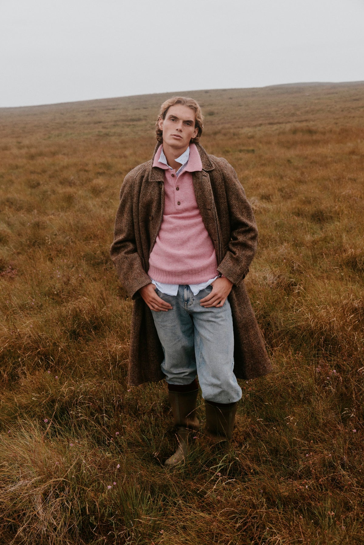 Men's Eton jumper in Bosie Pink from the Bosie Knitwear autumn/winter 2026 collection – pure wool knitwear, knitted in Scotland