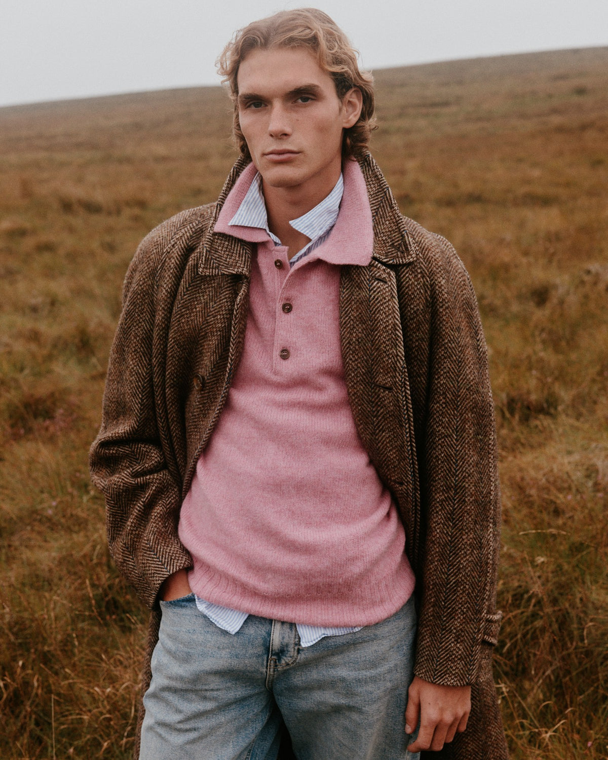 Men's Eton jumper in Bosie Pink from the Bosie Knitwear autumn/winter 2026 collection – pure wool knitwear, knitted in Scotland