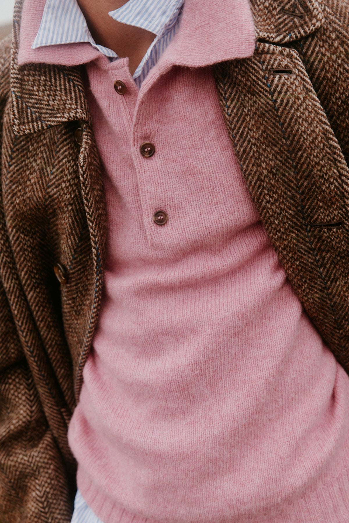 Men's Eton jumper in Bosie Pink from the Bosie Knitwear autumn/winter 2026 collection – pure wool knitwear, knitted in Scotland
