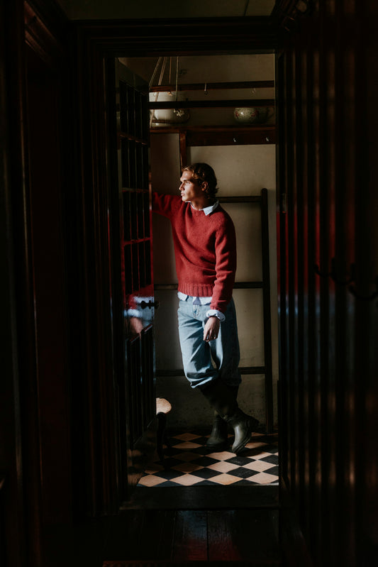 Men's Explorer jumper in Framboise from the Bosie Knitwear autumn/winter 2026 collection – pure wool knitwear, knitted in Scotland