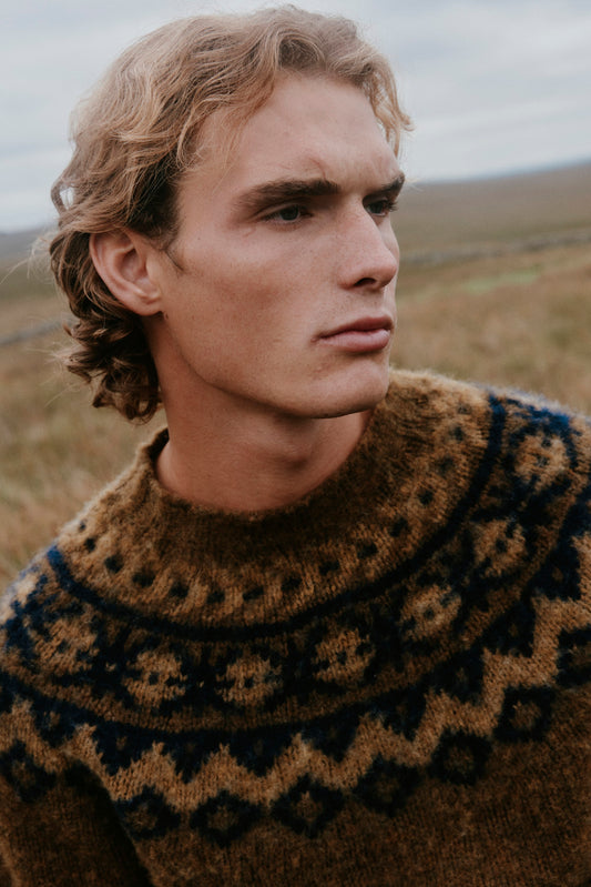 Men's Highland jumper in Moorland from the Bosie Knitwear autumn/winter 2026 collection – pure wool knitwear, knitted in Scotland
