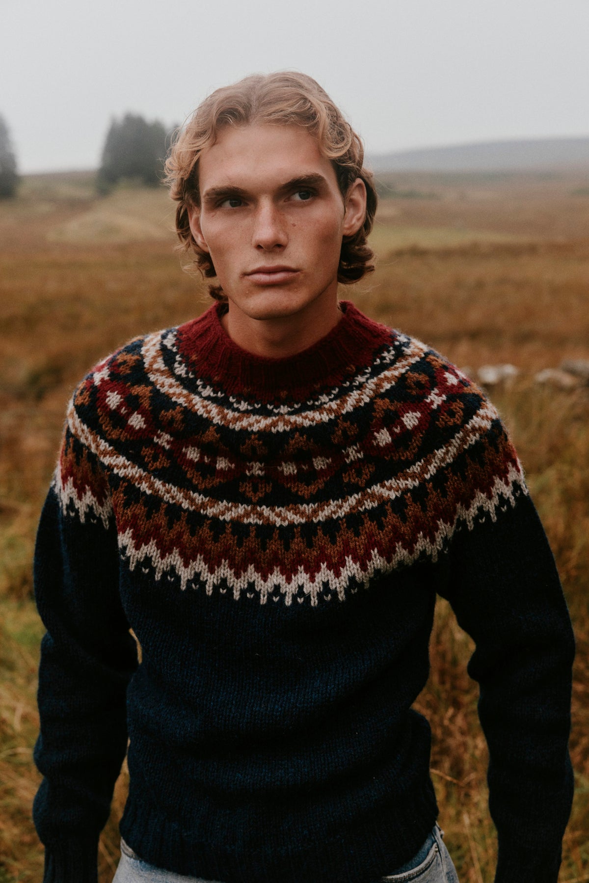 Men's Northeast jumper in Yew Navy from the Bosie Knitwear autumn/winter 2026 collection – pure wool knitwear, knitted in Scotland