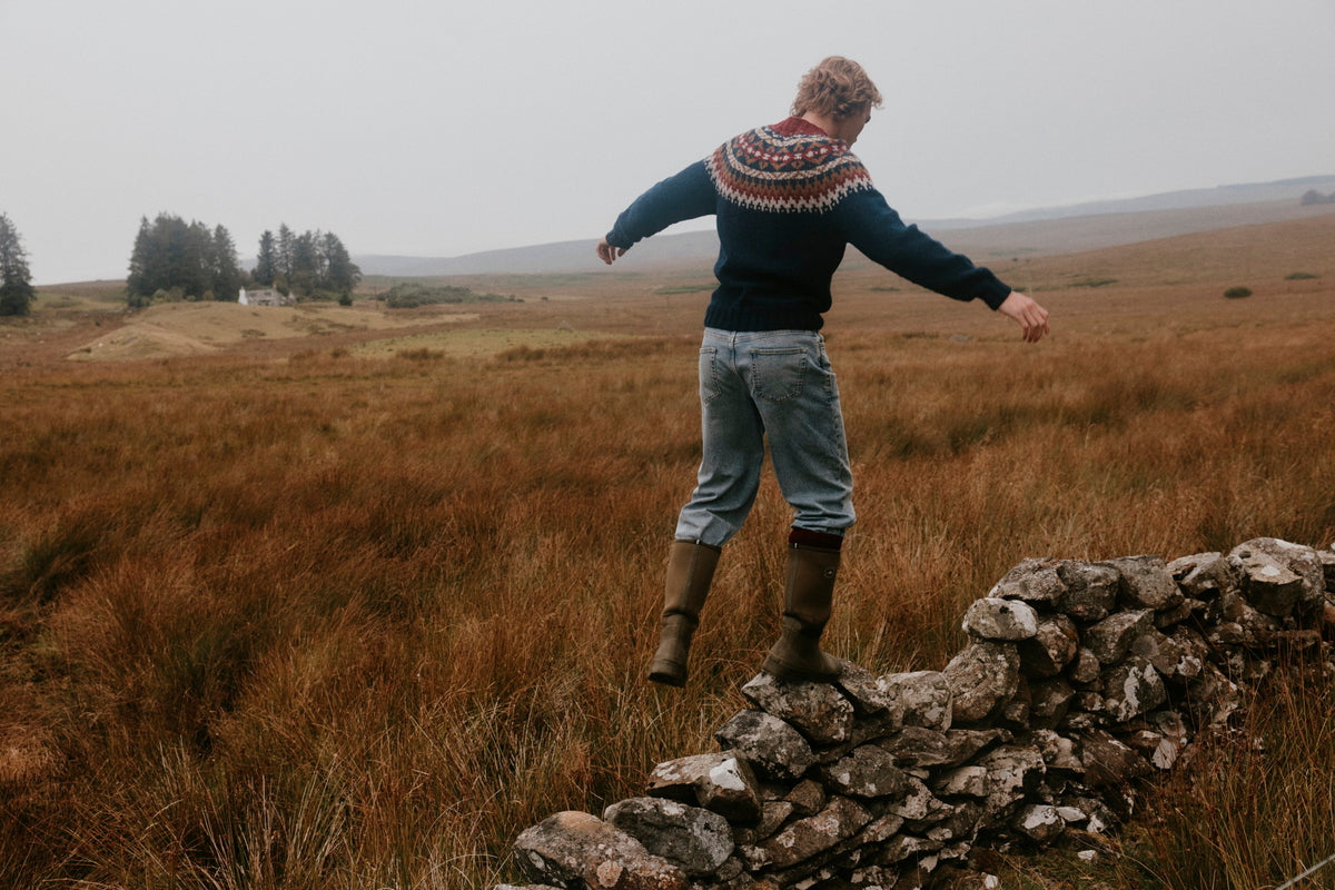 Men's Northeast jumper in Yew Navy from the Bosie Knitwear autumn/winter 2026 collection – pure wool knitwear, knitted in Scotland