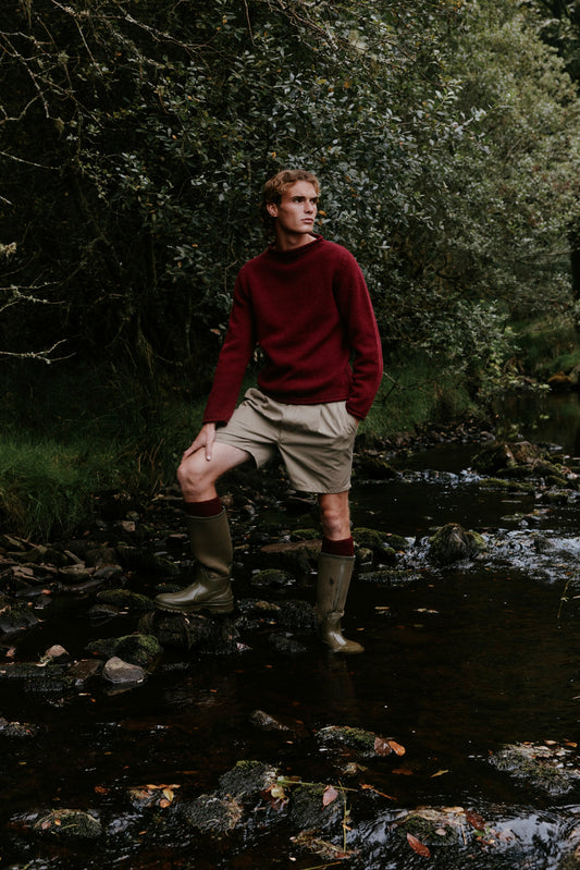 Men's Whaler jumper in Claret from the Bosie Knitwear autumn/winter 2026 collection – pure wool knitwear, knitted in Scotland