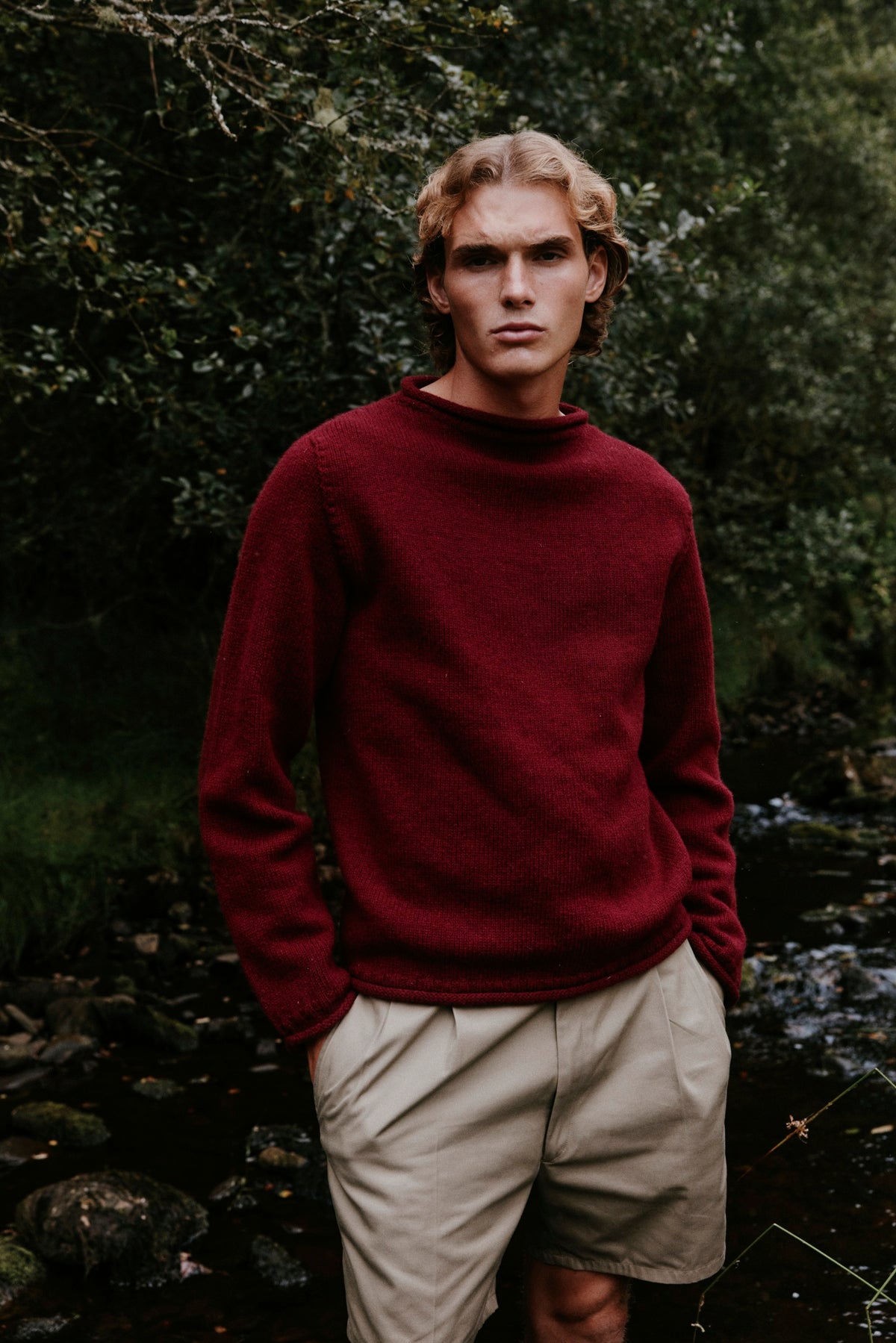 Men's Whaler jumper in Claret from the Bosie Knitwear autumn/winter 2026 collection – pure wool knitwear, knitted in Scotland