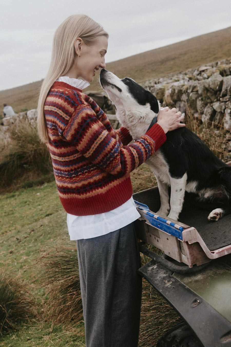 A woman in a red Fair Isle jumper greets a black and white sheepdog beside a drystone wall in the Scottish hills – Bosie Knitwear, pure wool knitwear, knitted in Scotland