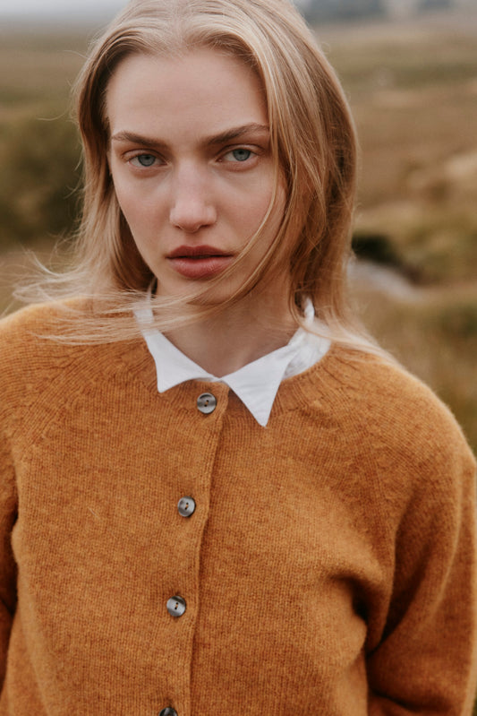 Women's Shetland cardigan in Gold Dust from the Bosie Knitwear autumn/winter 2026 collection – pure wool knitwear, knitted in Scotland