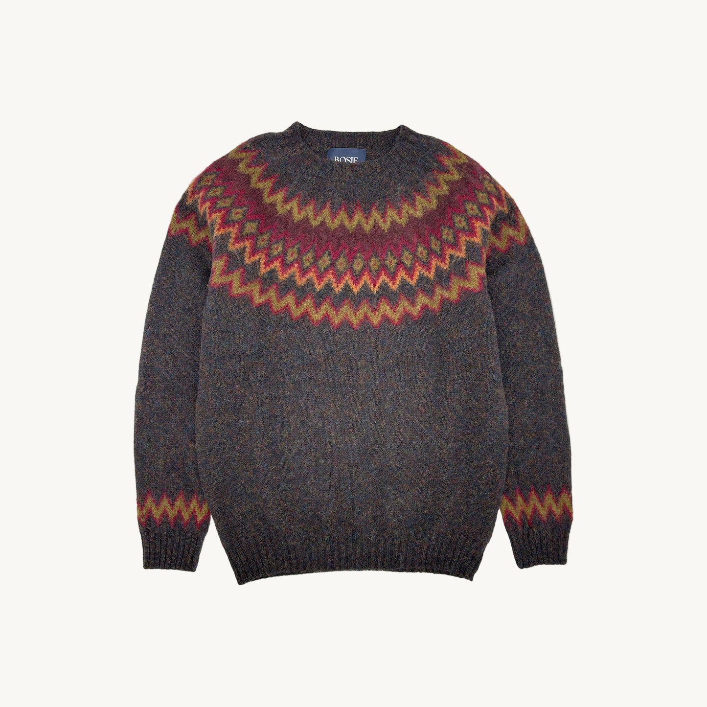 Flatbed photograph of a Bosie Knitwear Blue Mogganer Glacier brushed Nordic Fairisle Lambswool Sweater Jumper in colour Midnight Black.