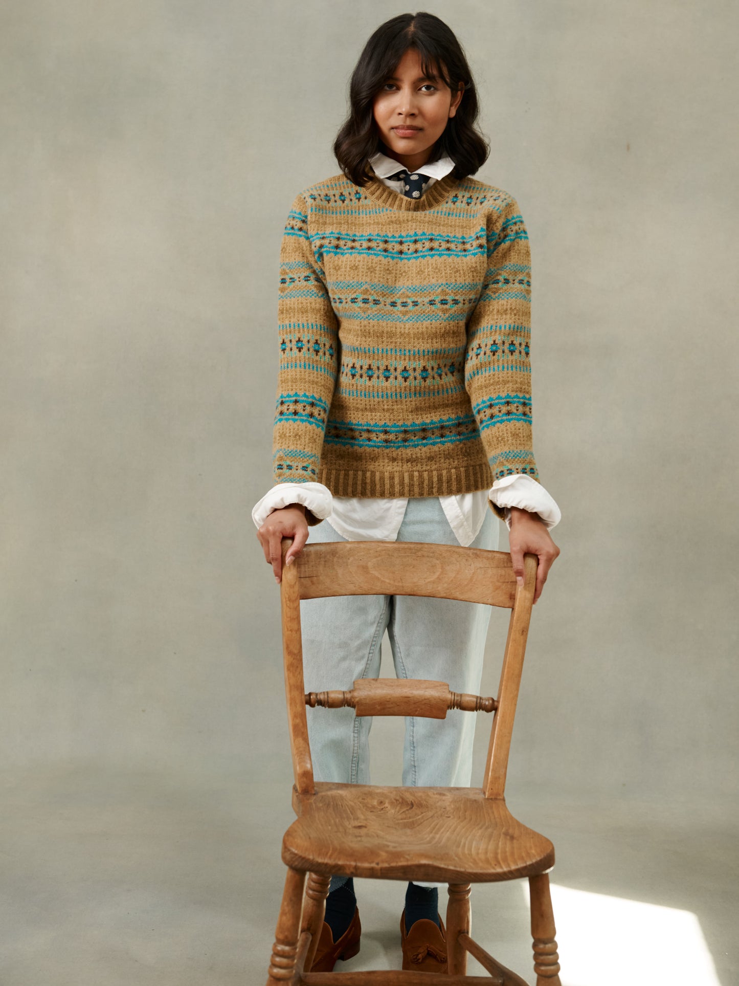 Woman wearing an Autumn Crisp Gold Sweater