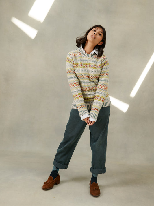 Woman wearing a Putty Natural Land Girl Sweater