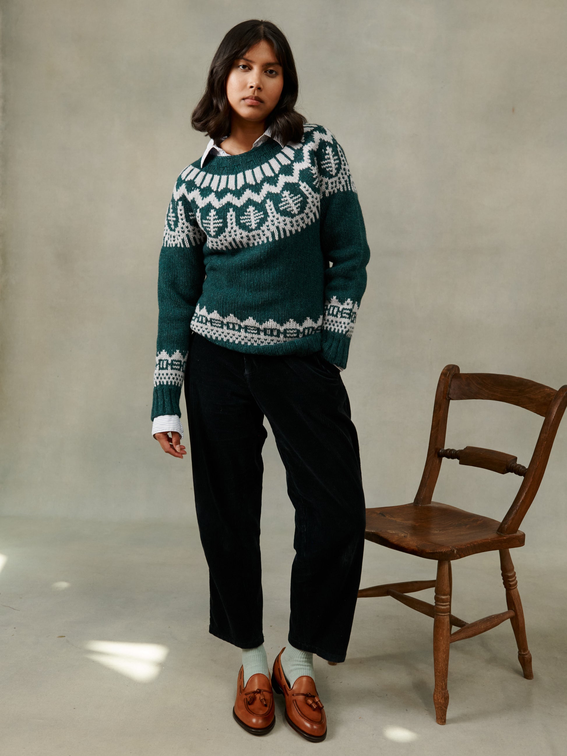 Woman wearing a Bosie Knitwear Norse Chunky Geelong Nordic Sweater