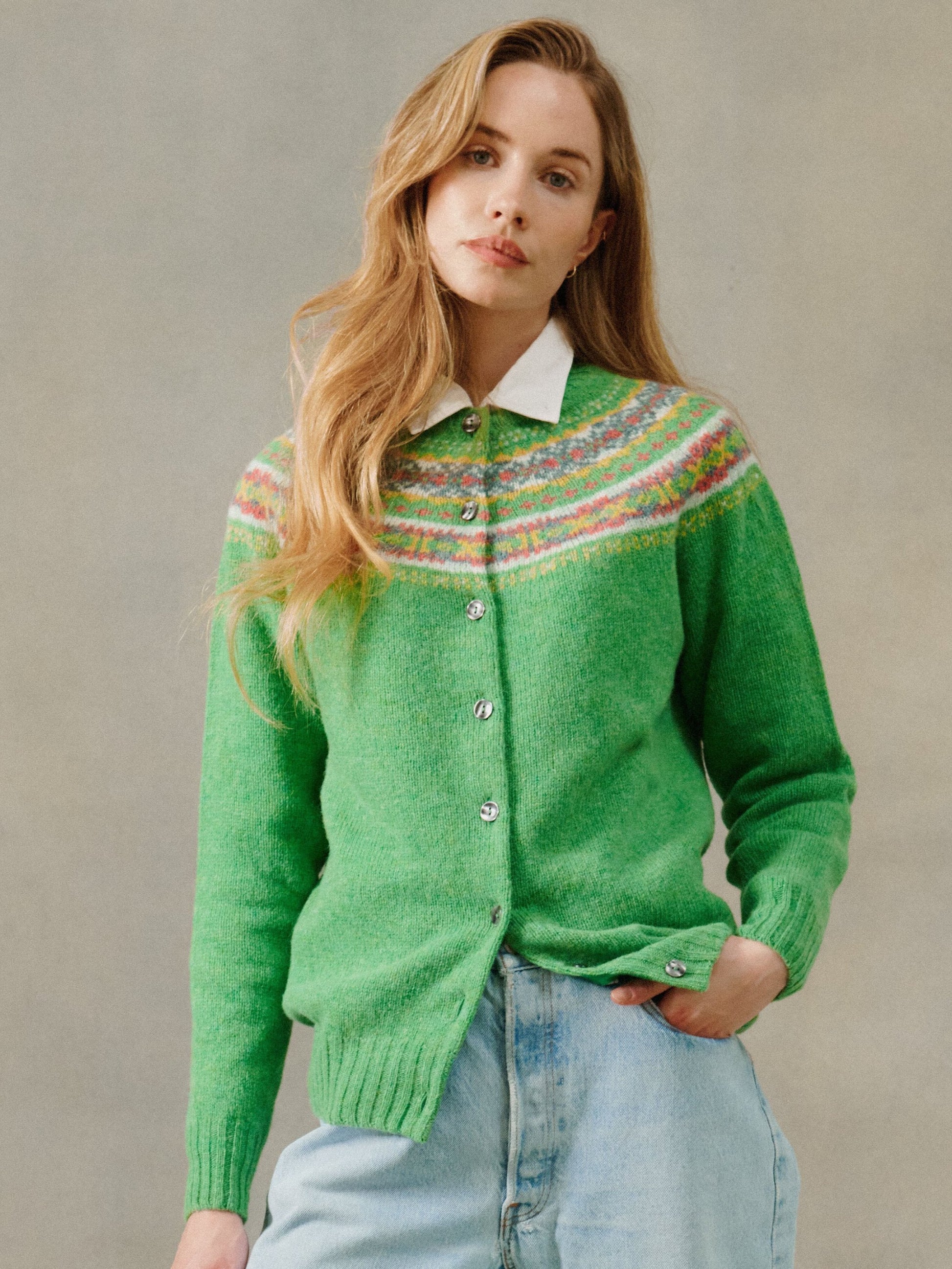 Woman wearing a Bosie Knitwear Skye Cardigan in Mint Green