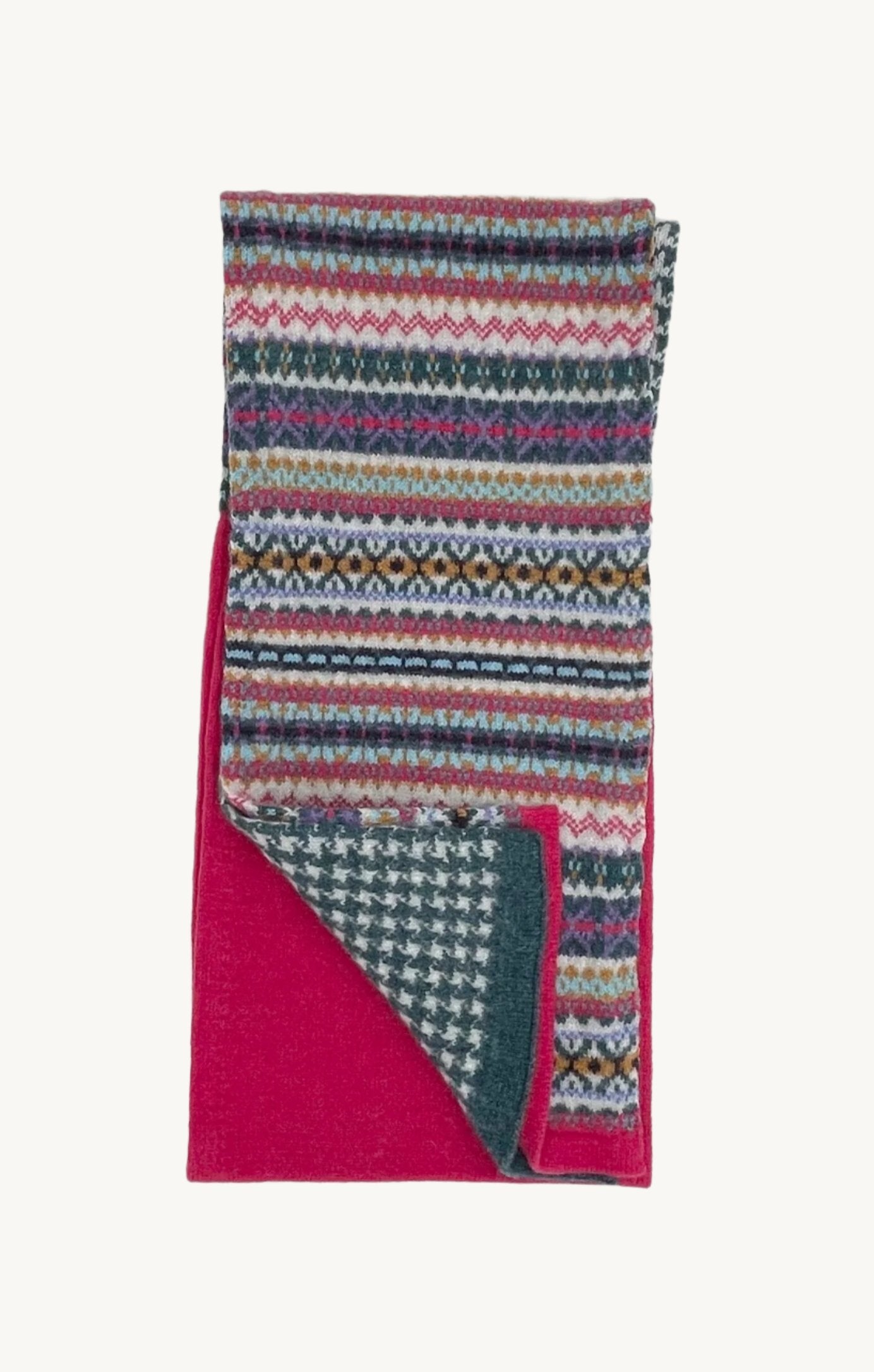 Flatbed Photograph of a Cruden Fairisle Lambswool Scarf in Cherry Red